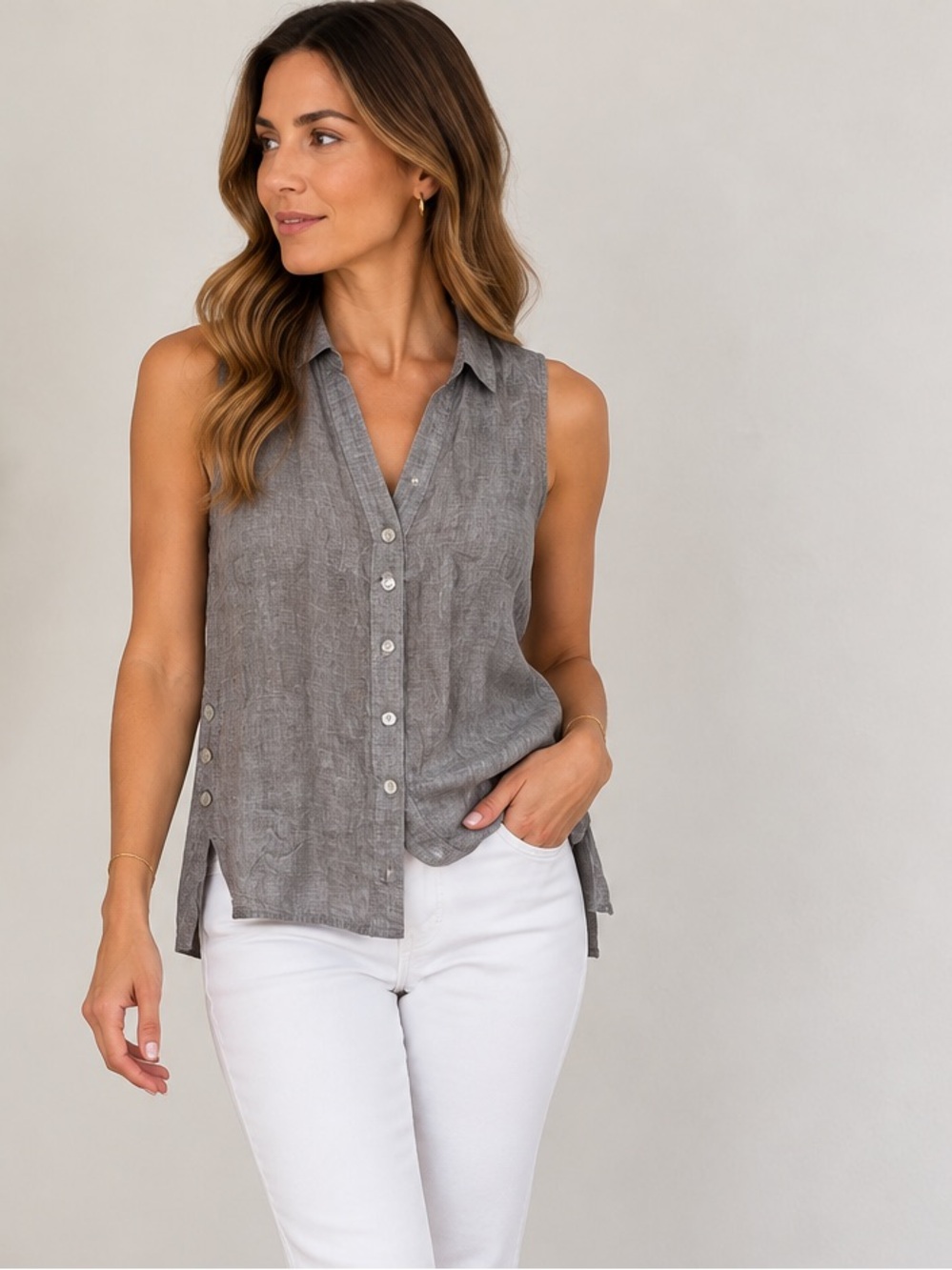 J.Jill love linen grey sleeves button down shirt with shell buttons size small